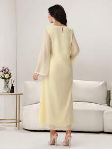 Yasmyna Women's Elegant Arabic Style Chiffon Floral Lace Tie Waist Long Sleeve Woven Dress, Spring/Summer, Yellow - Yellow - View 6