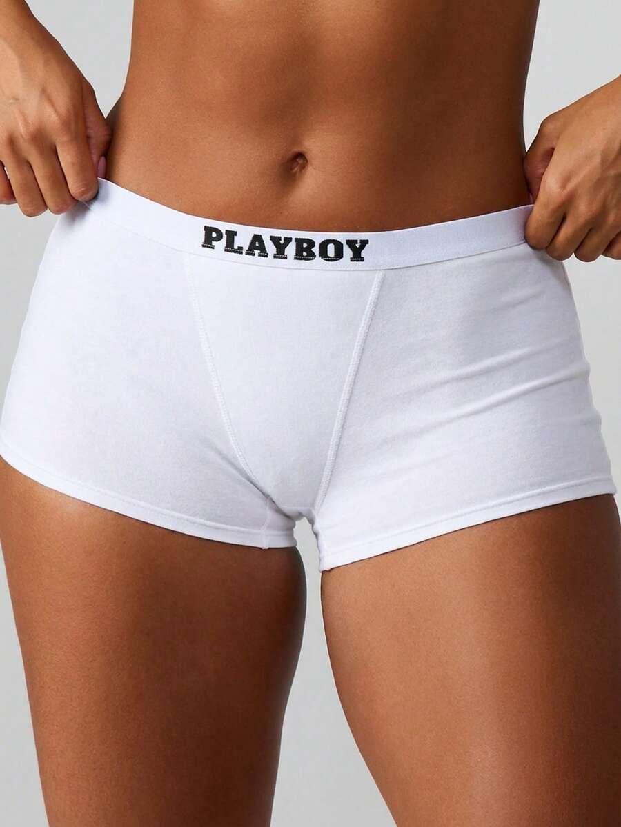 Missguided x Playboy Quần lót cotton kiểu quần đùi với cạp quần có logo, mang lại sự thoải mái và phong cách. - trắng - Xem 1