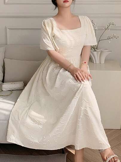 Dazy Plus Textured Fabric Square Neck Elegant Waist Cinched Long Sleeve Plus Size Women Apricot Dress