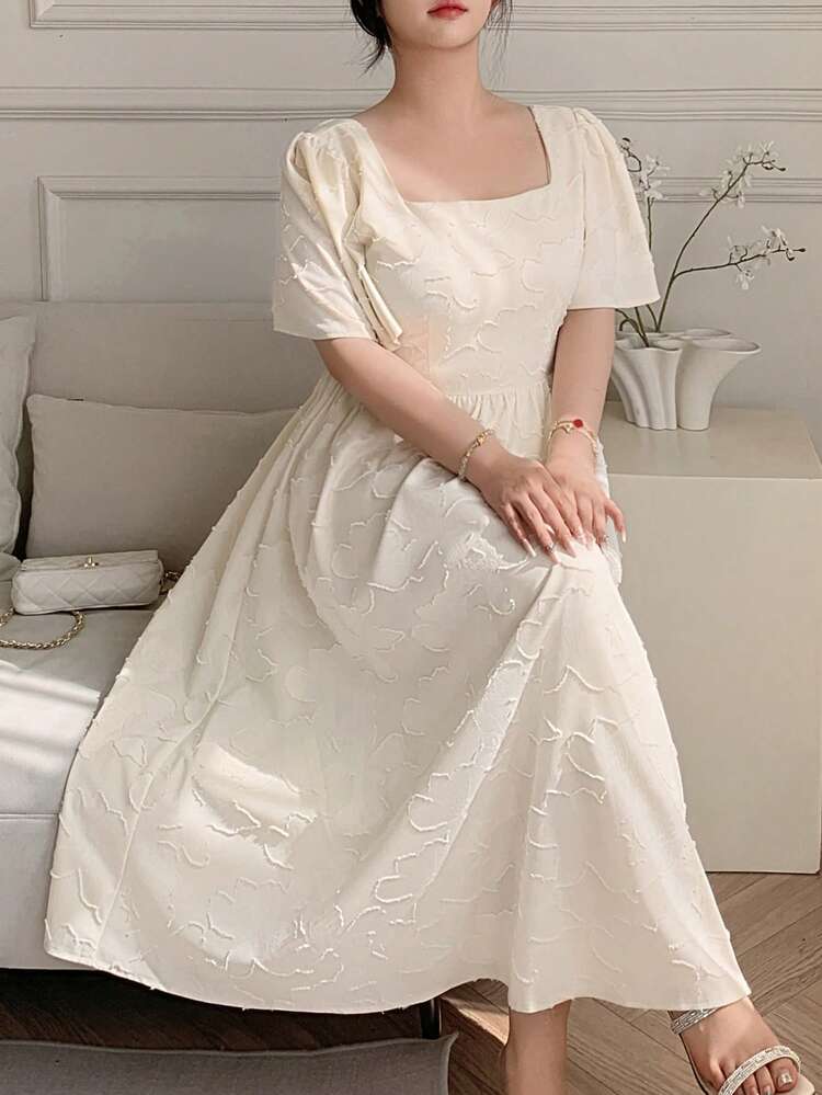 Dazy Plus Textured Fabric Square Neck Elegant Waist Cinched Long Sleeve Plus Size Women Apricot Dress Sundress
