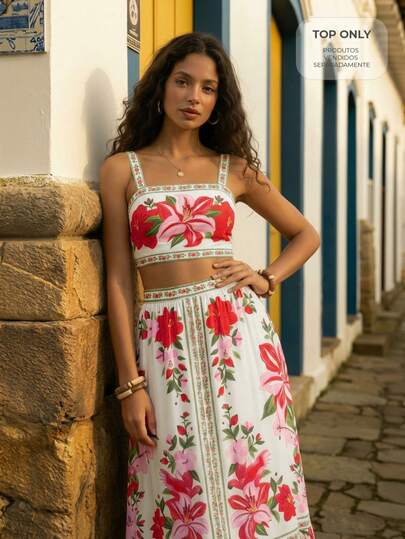 CAJUNI Women's Casual Vacation Tropical Lily Floral Print Spaghetti Strap Crop Top And Long Skirt 2 Piece Set, Women's Leisure Suit, Vacation Outfits Woman Skirt Set, Boho Two Piece Set, Two Piece Dress, Summer Skirt And Top Set, Two Piece Set Women Summer