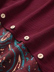 Linhara Plus Size Women's Burgundy Autumn Boho Blouse,Faux Linen Print Patchwork Button Decor Round Neck 3/4 Sleeve Blouse,Vacation Holiday Winery - Multicolor - View 4