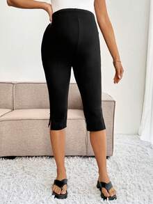 SHEIN 孕妇纯色可调节腰部开衩下摆休闲七分打底裤 - 黑色 - 查看 5