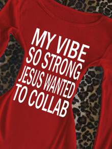 Glimmora Áo thun dài tay in chữ, thoải mái, phong cách thường ngày dành cho nữ - Đỏ - Xem 5