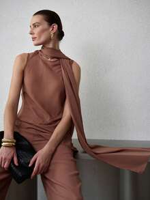 MOTF PREMIUM WOMEN'S MINIMALIST TOP & LOOSE PANTS 2 PIECES SET, SPRING/SUMMER - Brown - View 5