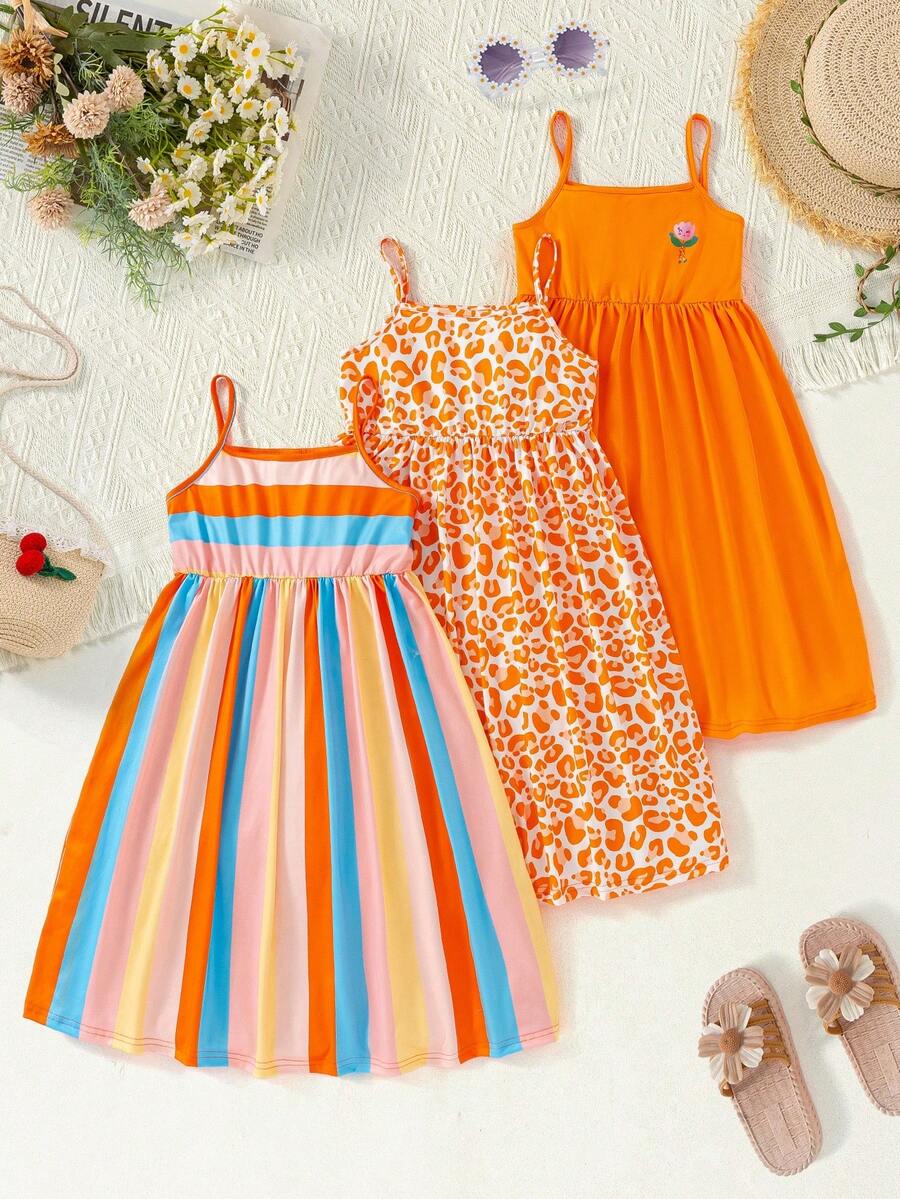 3件套女童无袖连衣裙套装，弹力豹纹条纹无袖连衣裙，适合夏季度假和派对穿着，休闲拼接豹纹印花吊带背心，略带弹性 - 彩色 - 查看 1