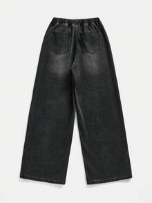 SHEIN Teen Girls' Casual Everyday Washed Elastic Waist Jeans - Black - View 2