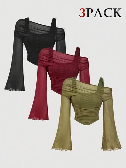 SHEIN MOD 2-In-1 Off-Shoulder Mesh Flare Sleeve Long Sleeve Blouse For Women, Multi-Pack, Spring, Valentine's Day,Valentine Outfits For Women,Carnaval,Cocktail Dress,Western Style, Retro Style, 70s Style, Single Party Style Off The Shoulder Shirts Off Shoulder Mesh See Through Tops Off The Shoulder Tops