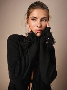 Maija Women's Black Tie-Up Cardigan With Fringe Design On Cuffs And Hem - Black - View 4
