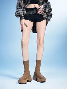 Sugerpunk 女士时尚百搭休闲厚底高跟踝靴 - 卡其色 - 查看 4