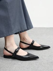 CUCCOO BIZCHIC Zapatos planos casuales de mujer con diseño de hebilla y punta puntiaguda - Negro - Ver 3