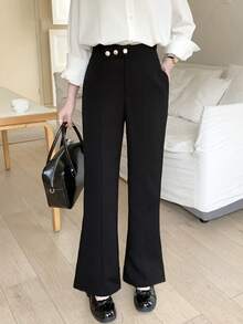 Teen Girl Metal Buckle Decor Casual Flare Pants Bell Bottom Pants Pants Flare Leg Tall Girl Pants - Black - View 1