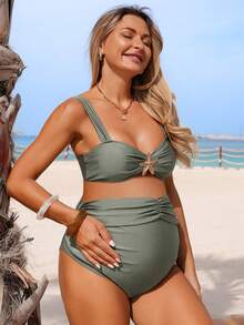 SHEIN Maternity Solid Color Swimsuit Set For Beach Vacation - Dark Green - View 1