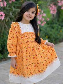 SHEIN LMoss Young Girl Woven Contrast Color Ruffle Hem Casual Dress,Long Sleeve Orange Autumn Party Maxi Dress,Long Skirt,Vacation Birthdays & Gatherings - Multicolor - View 10