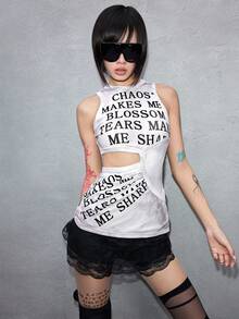 ROMWE Avant Spring/Summer Fashionable Hollow Slogan English Print Women Tank Top - White - View 2