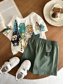 SHEIN Bộ 2 món cho bé trai/bé gái, họa tiết động vật vẽ bằng bút chì màu dễ thương, áo thun cổ tròn rộng và quần short, thích hợp mặc mùa xuân/hè. - Màu be - Xem 5
