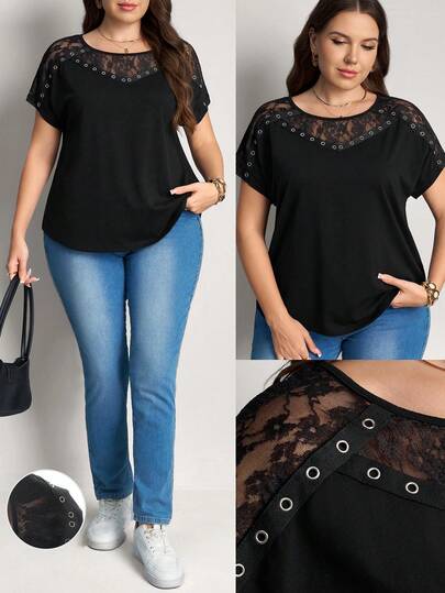 Comfylo Plus Size Women Crew Neck Lace Patchwork Eyelet Decor Casual Commuter Short Sleeve T-Shirt Black Blouse Valentine's Day Birthday Elegant