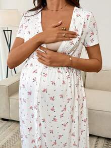 SHEIN Maternity Ditsy Floral V-Neck Single-Breasted Short Sleeve Nursing Dress,Loungewear ,Nightgown,Leepwear - White - View 6