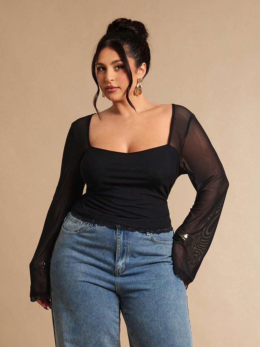 SHEIN BAE 大码女式方领黑色网纱拼接修身长袖上衣，时尚修身秋季长袖上衣，适合女性参加圣诞音乐会、夜店等场合，性感百搭，秋季音乐会必备，黑色上衣 - 黑色 - 查看 1