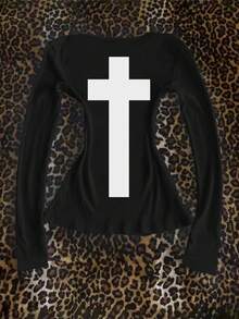 Glimmora 女士休闲标语印花圆领长袖T恤