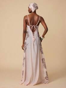 Swim Chiccia Women's Pink Summer Boho Flowy Floral Print Tie-Front Camisole Dress, Backless Beach Vacation Holiday Elegant Long Sophisticated Slightly Sheer - Apricot - View 2
