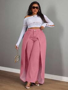 Slaydiva 大码女式牛仔风无弹力拼接直筒牛仔裤 - 粉色 - 查看 6