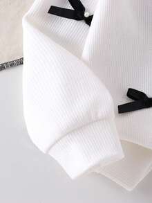 2pcs Young Girls Knitted Textured Striped Long Sleeve Pink Flare Pants Bow T-Shirt Set, Comfortable Casual Sweet Girl Outfit, Autumn Full Outfit Outfit Set Bell Bottom Outfits Girls Bow Outfit Bow Outfit Bow Bag - White - View 5