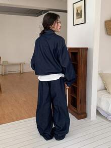 DAZY 少女翻领拉链半开襟长袖上衣搭配阔腿牛仔裤休闲装