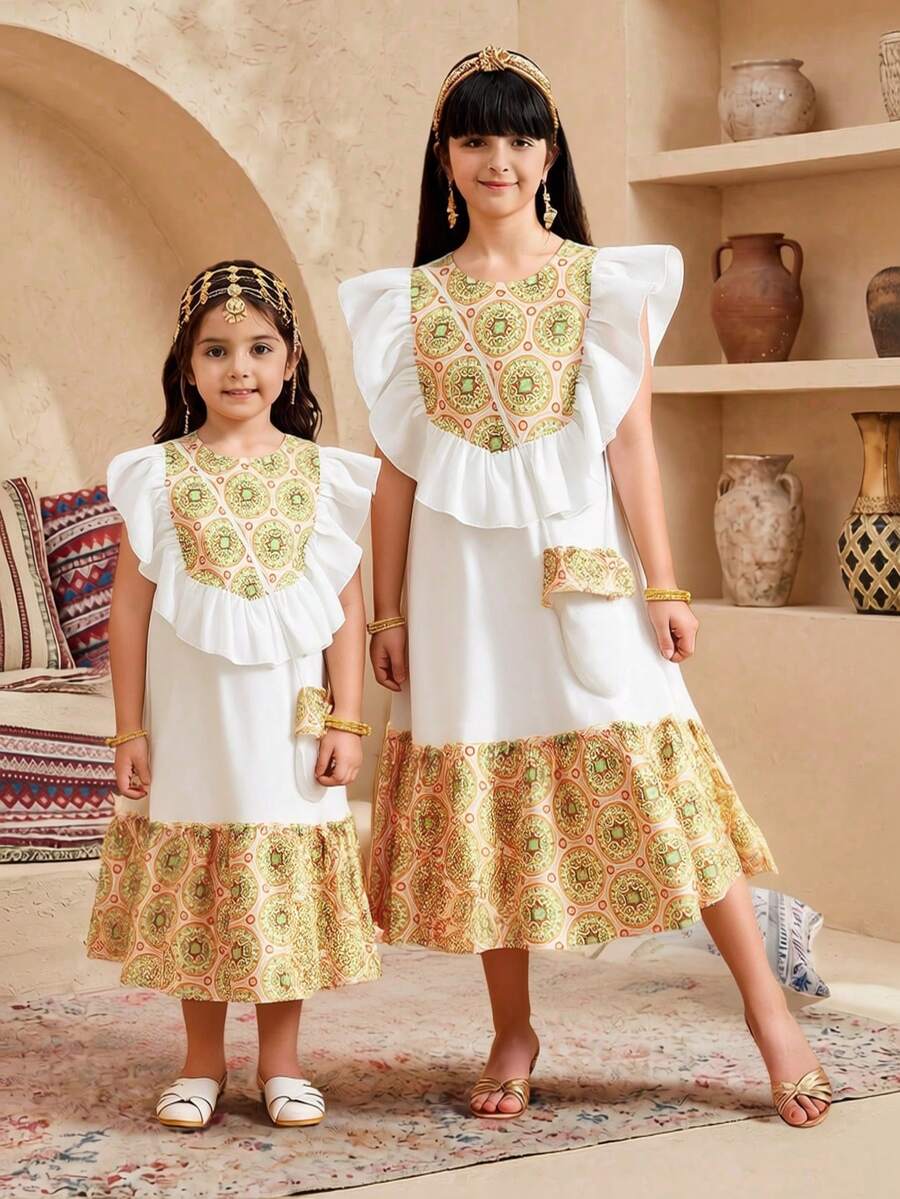 Tween Girl Elegant Crew Neck Pattern Ruffle Hem Sleeveless Dress - White - View 1