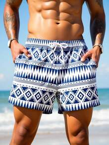 Manfinity Swimmode Summer Men's Summer Vacation All-Over Print Drawstring Waist Beach Shorts - Navy Blue - View 4