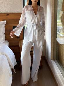 DAZY Charming Lace Patchwork Women's Pajama Set - Blue - View 8