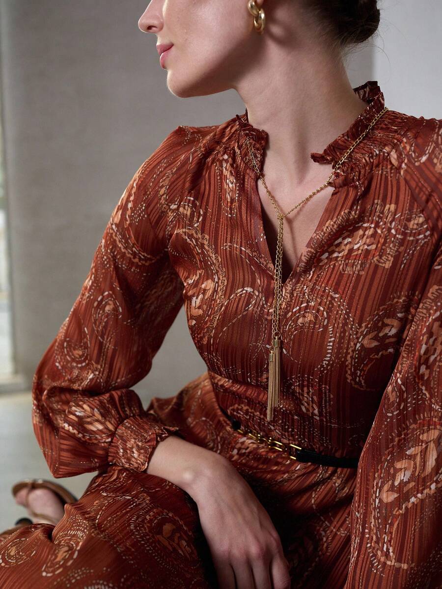 MOTF PREMIUM 女士佩斯利印花梭织连衣裙 - 棕色 - 查看 2