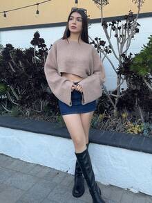 Andrea Bello 2025新款时尚宽松休闲简约连体设计针织罩衫 - 駝色 - 查看 6