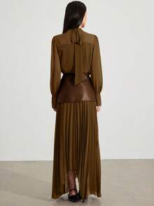 Heiryn 女士优雅长袖上衣和长款百褶裙两件套 - 棕色 - 查看 2