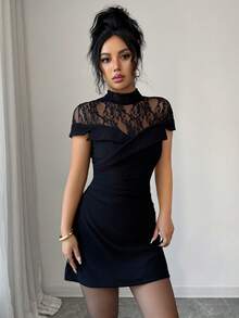 Siren Gaze 女士时尚性感撞色蕾丝收腰连衣裙，夏季 - 黑色 - 查看 4