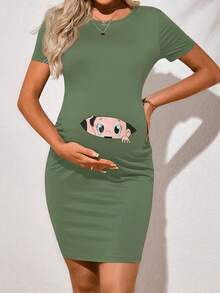 SHEIN Pregnant Women Casual Cartoon Print Round Neck Short Sleeve Dress - Mint Green - View 2