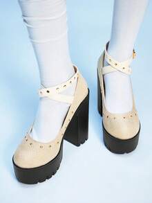 Sugerpunk Women's Thick Sole Buckle Design Fashion Studded High Heels Valentine's Day - Apricot - View 3