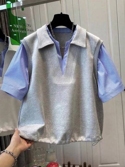 Resyla Women's Casual Striped Patchwork Top, Suitable For Commuting, Daily Wear And Home