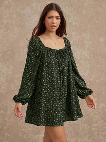 WESTFADE Đầm mini cổ vuông in họa tiết nhung kẻ, nơ cài phía trước, tay bồng dài, dáng rộng, dễ thương, trang phục Boho, mùa thu, mùa đông, hòa nhạc đồng quê, trang phục phương Tây dành cho nữ - màu xanh lá - Xem 4