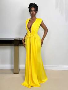 Xyvia Đầm dài nữ màu trơn, kiểu dáng xoắn, đầm midi ôm sát cơ thể với chất liệu dệt kim. - Màu vàng - Xem 3