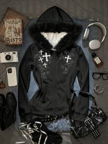 SHEIN EZwear 灰色哥特风女式水钻仿毛皮连帽卫衣，拉链卫衣，灰色卫衣，女式卫衣，B2 - 黑色 - 查看 5