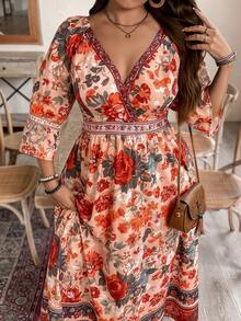 Weeklong Plus Size Women's Fashion New Bohemian V-Neck Long Floral Print Maxi Dress, Short/Long Sleeve, Suitable For Spring/Summer, Back To School, Vacation, Graduation, Holidays, Valentine's Day, Christmas, Music Festivals, Mother's Day, Halloween, Thanksgiving, Easter, National Day, Dances, Dates, Parties, Weddings, Outdoor Activities - Multicolor - View 1