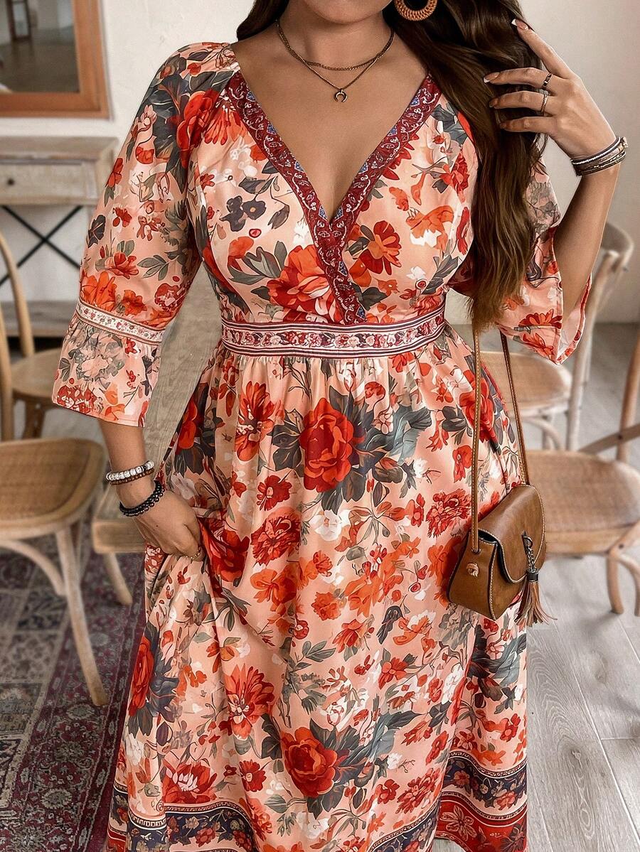 Weeklong Plus Size Women's Fashion New Bohemian V-Neck Long Floral Print Maxi Dress, Short/Long Sleeve, Suitable For Spring/Summer, Back To School, Vacation, Graduation, Holidays, Valentine's Day, Christmas, Music Festivals, Mother's Day, Halloween, Thanksgiving, Easter, National Day, Dances, Dates, Parties, Weddings, Outdoor Activities - Multicolor - View 1