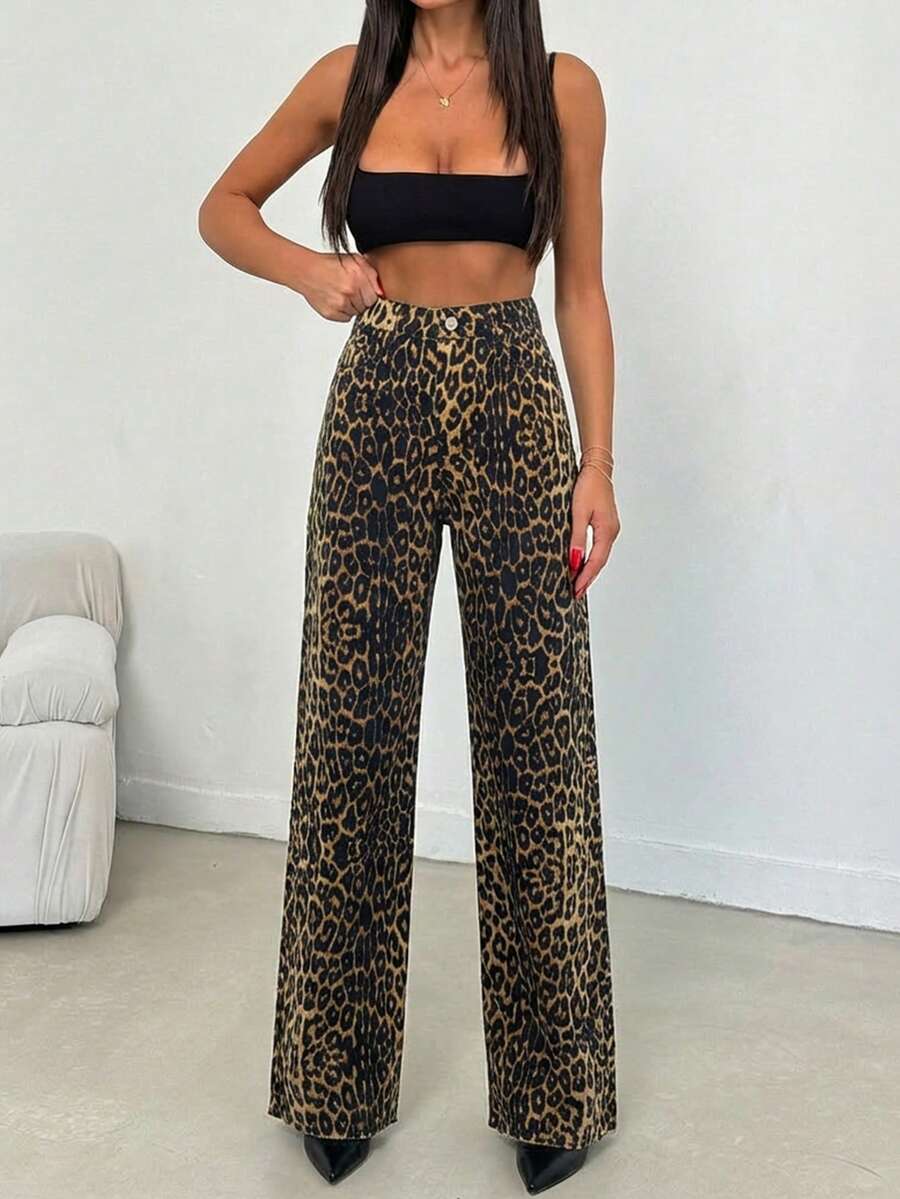 SHEIN Tall 100%纯棉中腰阔腿豹纹高个牛仔裤 - 彩色 - 查看 1