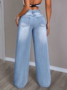 SHEIN PETITE 女式口袋直筒宽松休闲百搭牛仔裤