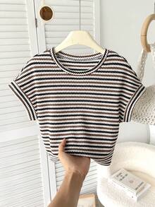 SHEIN Tween Girl Jacquard Textured Knit Loose Dropped Shoulder Short Sleeve T-Shirt,Kids - Brown - View 6