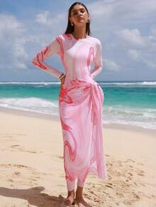 Swim Shayni Women's Beach Vacation Wavy Print Long Sleeve Zipper Design 3 PiecesBurkini Set Pink Beach Dress Pink Maxi Dress Women Beach Photoshoot Dress Pink Women Dresses Vacation Hot Pink Modest Beach Dresses Curve - Pink - View 1