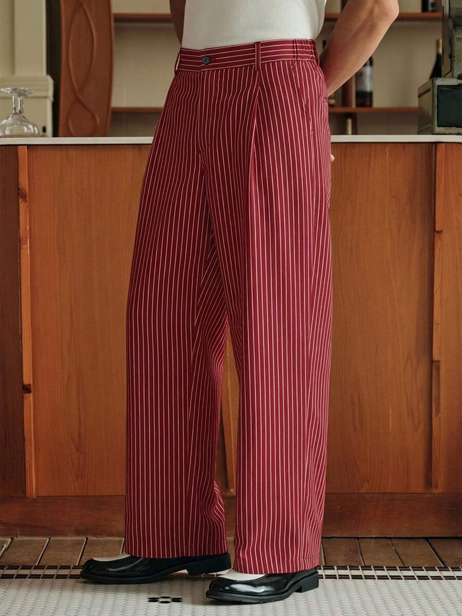SWAVVY Business Commuting Men's Bright Red Striped Woven Fabric Long Wide Leg Pants Featuring Zipper Closure Pleated Pants - Bright Red - View 1