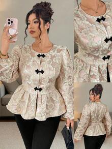 Elenzga 大码金线刺绣立领长袖衬衫，优雅休闲，适合外出、聚会、春节等场合。 - 淺粉色 - 查看 9