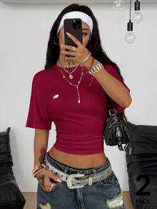 Coolane 夏季女士外出休闲街头风极简主义Y2K基础日常穿搭休闲返校街头风弹力红色宽松褶皱短款T恤 - 酒紅色 - 查看 3